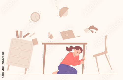Frightened woman hiding under table for safety during earthquake and surroundings collapse. Emergency disaster awareness. Stay in the building during dangerous vibration. Flat vector illustration.