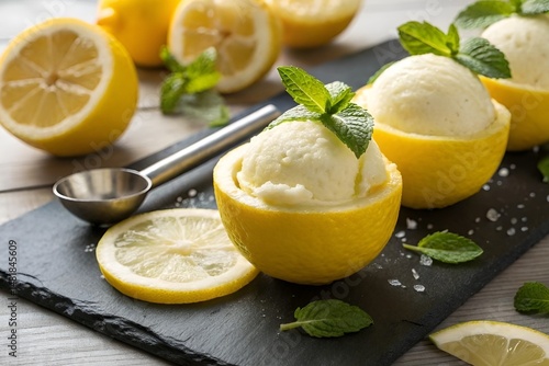 Refreshing Lemon Sorbet in Hollowed Lemons with Mint on Dark Stone Background