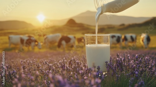 Fresh milk poured into glass over lavender field with cows golden hour dairy farm and rural landscape create a serene countryside morning 