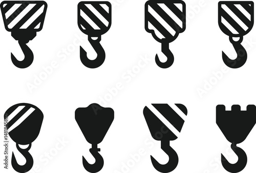 Crane Hooks Vector Icons Set for Industrial Design. Crane Hook Silhouette Bundle. Crane Hook Icons.