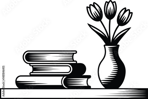 Black and White Books and Vase with Flowers Vector Design Clipart.