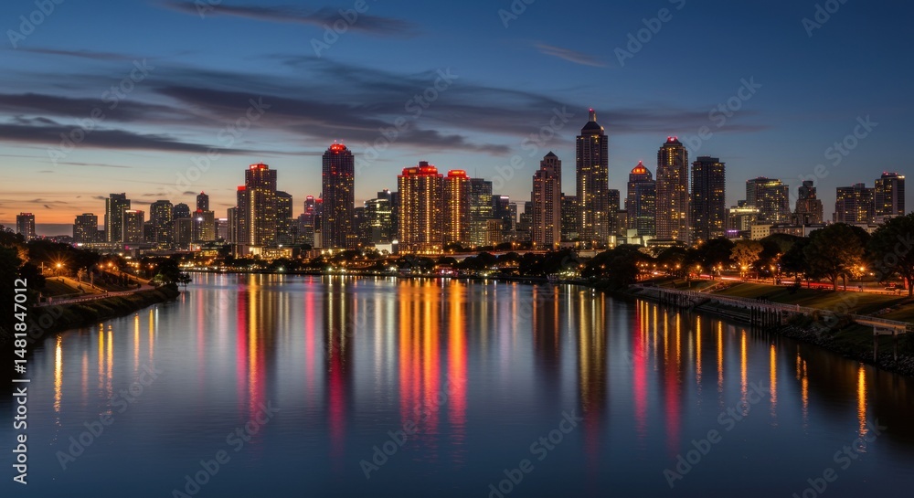 Obraz premium City Skyline Reflects in Water at Dusk