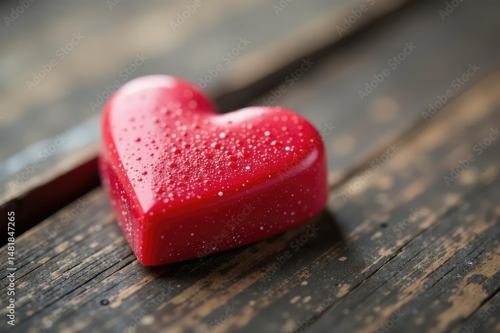 Obraz premium Close-up of a red heart-shaped Valentine's Day candy on a rustic wooden background , sugar, valentine, love gift