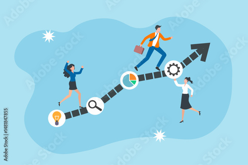 Strategic planning to achieve business success, team brainstorm sessions, competitor analysis, and plans to overcome difficulties or obstacles to reach a clear goal or target with precision