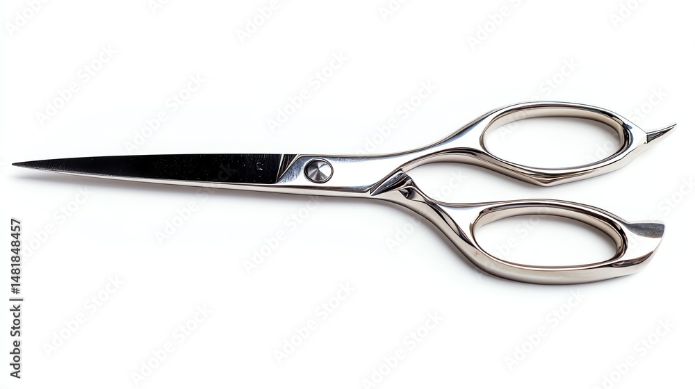 A pair of silver scissors are displayed against a plain white background. A pair of silver scissors are displayed against a plain white background.