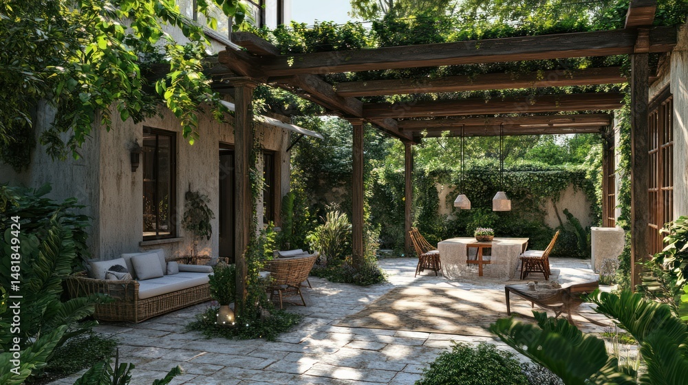 Serene outdoor dining area under a rustic pergola, enveloped by lush greenery Serene outdoor dining area under a rustic pergola, enveloped by lush greenery