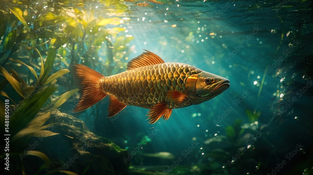 Fototapeta premium Golden fish underwater, vibrant colors, aquatic plants