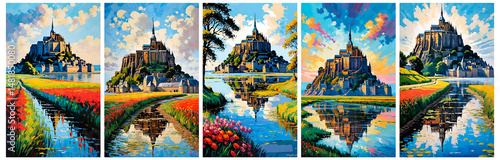 Majestic Island Sanctuary: Medieval Architecture Reflected in Calm Waters. The image shows a grand, medieval-style structure situated on a rocky islet, surrounded by water. The architecture includes n