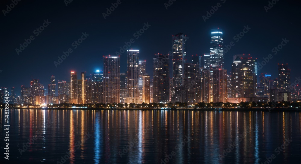 Fototapeta premium Glowing urban vista at night reflected in tranquil water surfacescape
