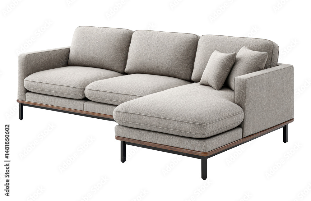 Modern light gray fabric sectional sofa with cushions and metal legs, offering comfortable seating and stylish design Modern light gray fabric sectional sofa with cushions and metal legs, offering comfortable seating and stylish design