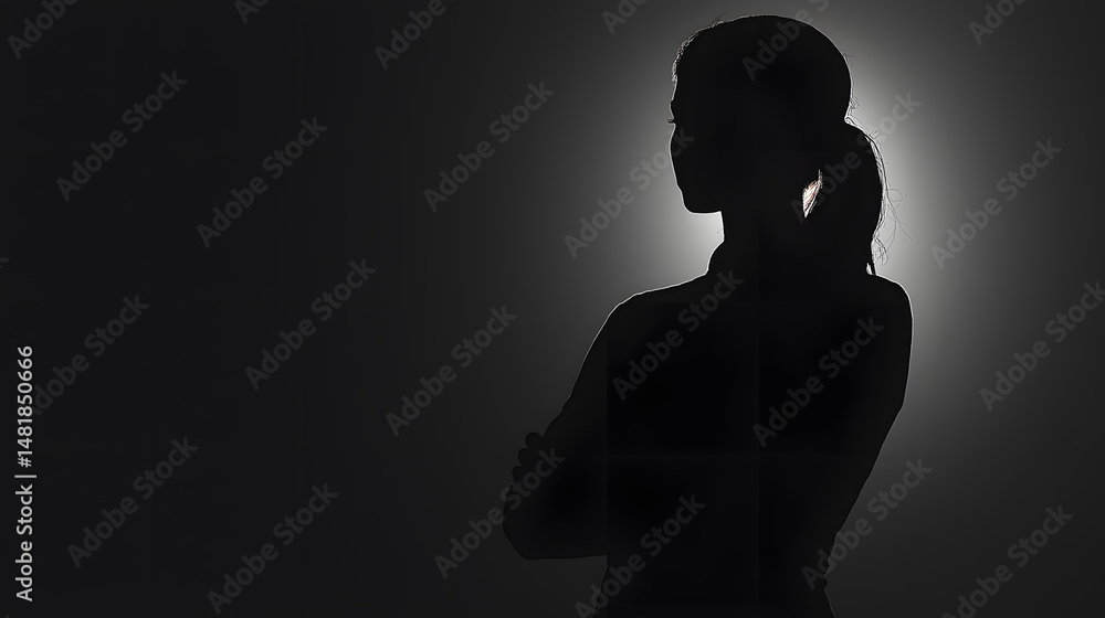 Silhouette of a Woman: A mysterious and powerful silhouette of a woman stands against a dark background, illuminated by a single light source. Her arms are crossed. Silhouette of a Woman: A mysterious and powerful silhouette of a woman stands against a dark background, illuminated by a single light source. Her arms are crossed.