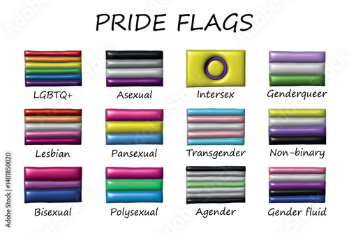 Set of colorful LGBTQ+ pride flags Gender equality and sexual identity pride flags collection LGBTQIA community pride month