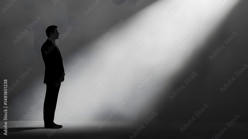 Obraz premium Lone Figure in the Spotlight: A silhouette of an individual stands in a beam of light, conveying a sense of introspection and anticipation.