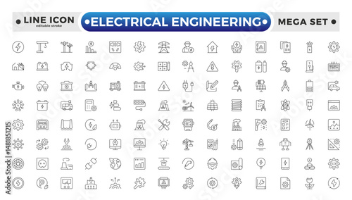 Electrical Engineering outline Icons set. Vector illustration in modern thin line style of technologies related icons: blueprint, engineer, manufacturing, and more. Editable stroke outline icon.

