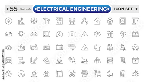 Electrical Engineering outline Icons set. Vector illustration in modern thin line style of technologies related icons: blueprint, engineer, manufacturing, and more. Editable stroke outline icon.
