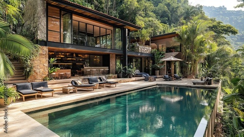 Wallpaper Mural A Brazilian house with modern architecture, including glass elements, a swimming pool, and an outdoor setting. Torontodigital.ca