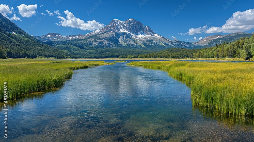 Fototapeta premium Serene mountain lake, grassy shores, clear water