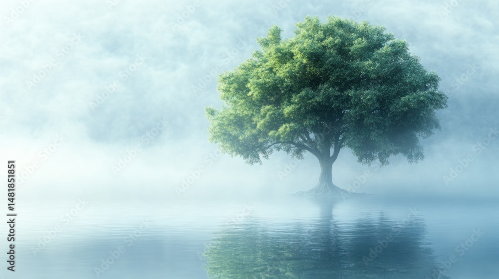 Serene, misty morning landscape with a solitary tree reflected in a calm lake. Lush green leaves contrast with the soft, hazy atmosphere Serene, misty morning landscape with a solitary tree reflected in a calm lake. Lush green leaves contrast with the soft, hazy atmosphere
