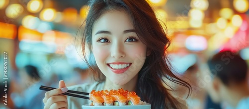 Asian Woman Eating Sushi with Chopsticks