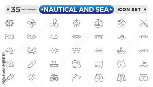 Nautical and sea web icons in outline style. thin line icons such as wind rose, oars, suroard, marine, double bait, buoy, submarine facing right, and caravel. Editable stroke outline icon.
