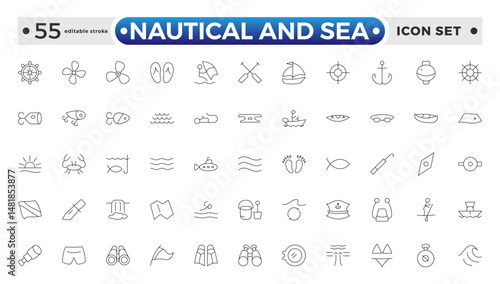 Nautical and sea web icons in outline style. thin line icons such as wind rose, oars, suroard, marine, double bait, buoy, submarine facing right, and caravel. Editable stroke outline icon.
