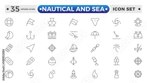 Nautical and sea web icons in outline style. thin line icons such as wind rose, oars, suroard, marine, double bait, buoy, submarine facing right, and caravel. Editable stroke outline icon.
