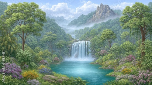 Lush Green Valley Waterfall Landscape Painting