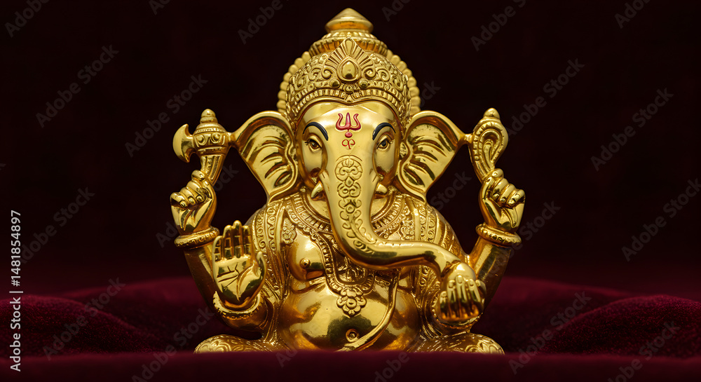 Obraz premium Golden Ganesha Statue on Burgundy Velvet