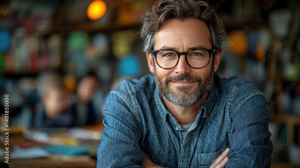 A mid-adult man with a friendly expression in a cafe setting. A mid-adult man with a friendly expression in a cafe setting.