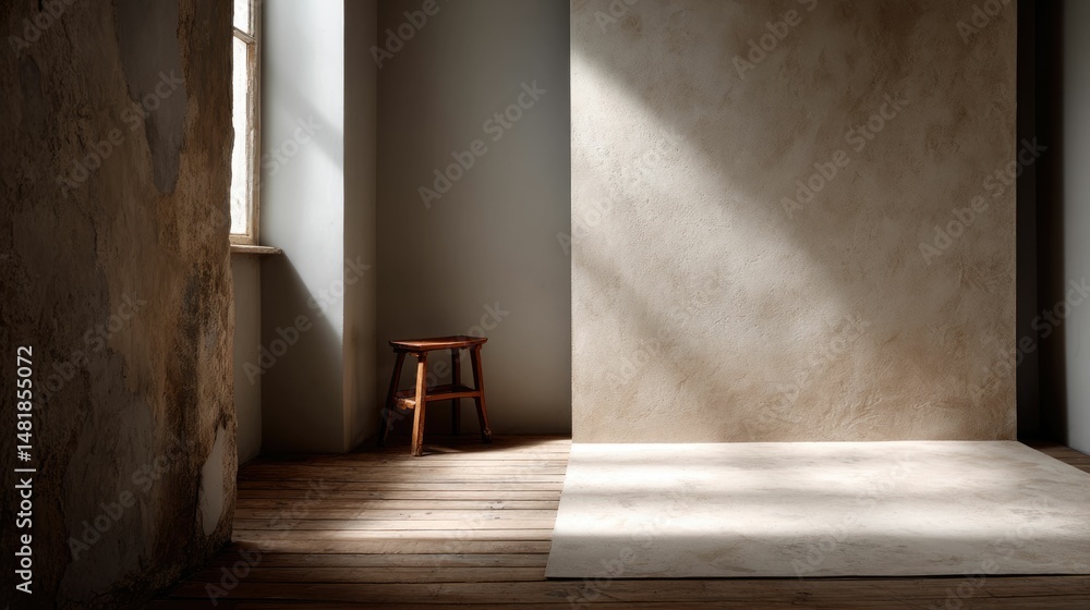 Rustic Studio: Wooden Stool, Textured Wall, Sunlit Floor Rustic Studio: Wooden Stool, Textured Wall, Sunlit Floor