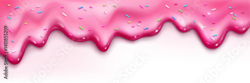 Melting ice cream with sprinkle and pink frosting drips. Glossy icing flows down, shiny sugary topping decoration. Confectionery drizzle, sweet creamy glaze dripping. Tasty dessert background texture