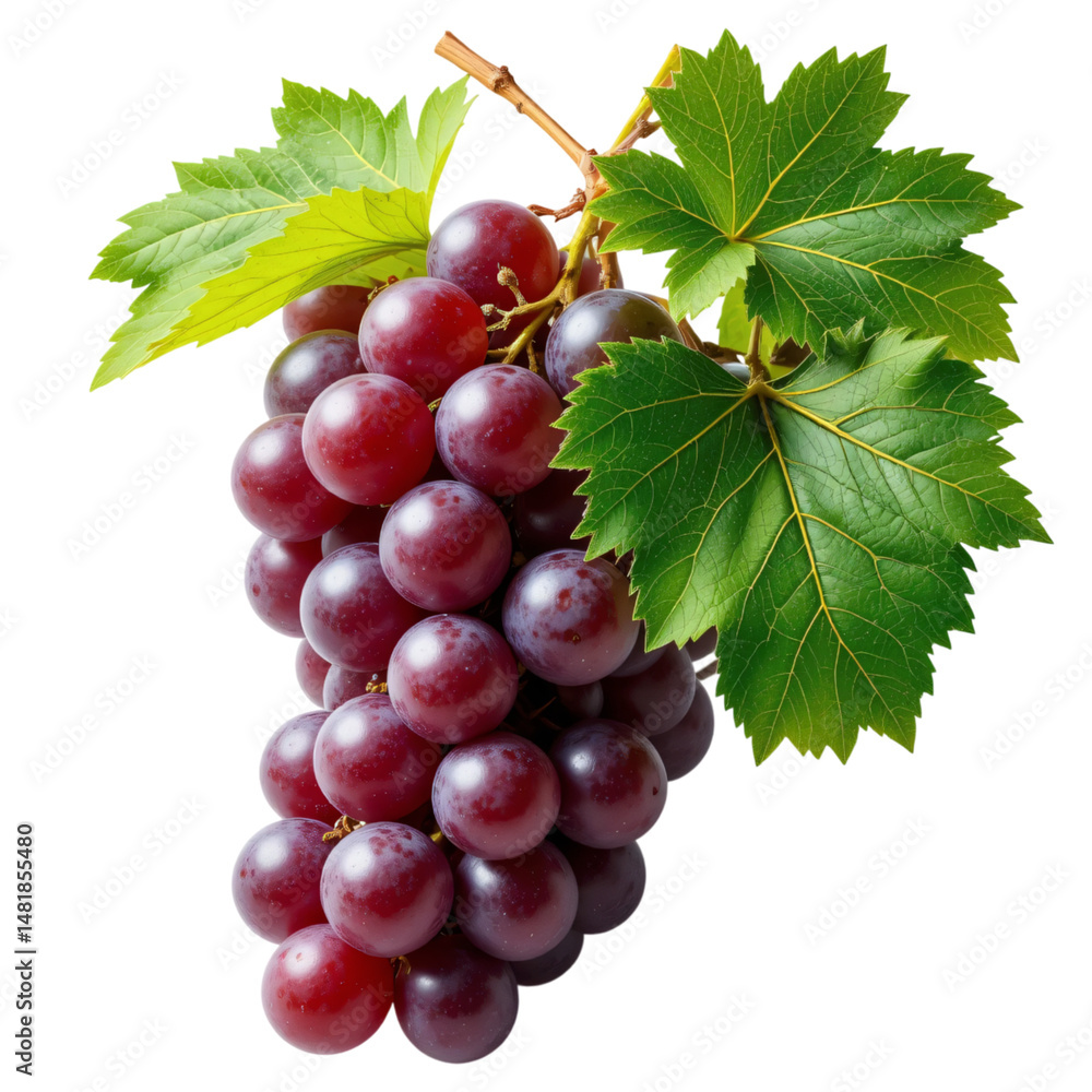 Obraz premium Purple Grapes with Leaves Isolated on White – High-Resolution PNG for Wine, Food Design, and Health-Themed Projects