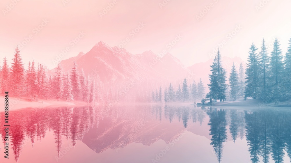 Fototapeta premium Misty winter landscape reflecting in calm lake