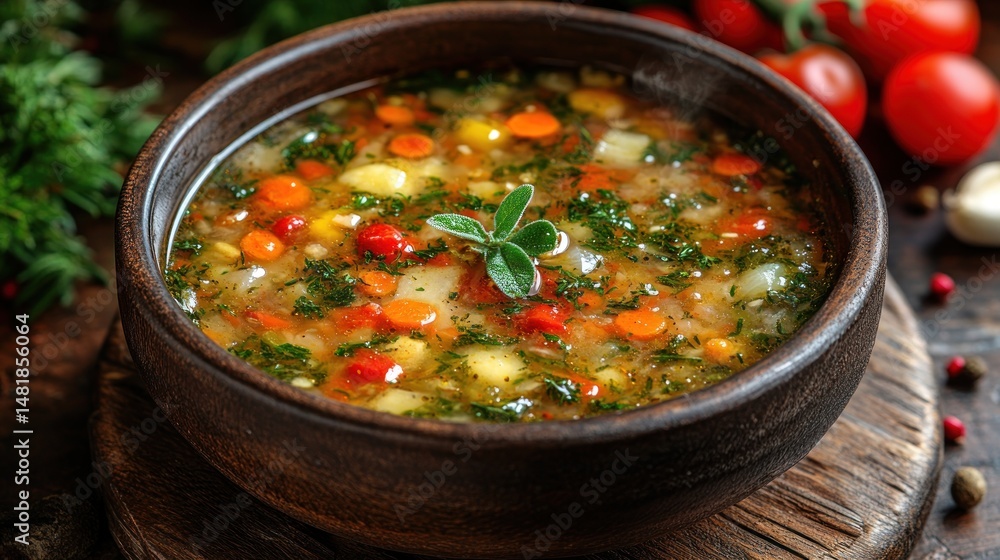 Hearty vegetable soup in a rustic bowl. Hearty vegetable soup in a rustic bowl.