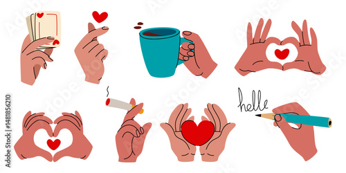 Doodle hands holding pencil and writing message, coffee mug and plauing cards, cigarette with smoke. Cute sketched style drawing set of palms making love and heart gestures. Flat vector human arms.