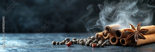 Aromatic spice blend still life with cinnamon sticks star anise and peppercorns on dark background with flowing smoke and copy space for food blog