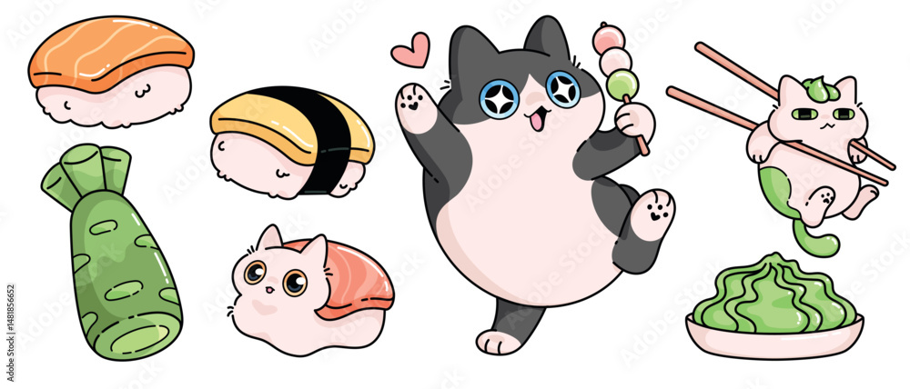 Fototapeta premium Kawaii Asian food cat stickers - cute kitties lying as rice for sushi with salmon on back, hanging on chopsticks with wasabi, enjoying rice ball dessert. Adorable Japanese cuisine mascots illustration