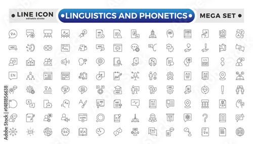 linguistics and phonetics outline icon set with language, phonetic, phonology, morphology, syntax, semantic, pragmatic, cognitive, grammar, and neural linguistics. Editable stroke outline icon.