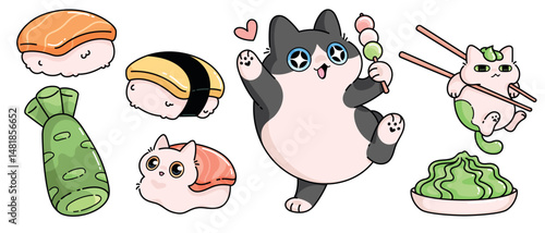 Kawaii Asian food cat stickers - cute kitties lying as rice for sushi with salmon on back, hanging on chopsticks with wasabi, enjoying rice ball dessert. Adorable Japanese cuisine mascots illustration