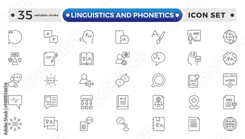 linguistics and phonetics outline icon set with language, phonetic, phonology, morphology, syntax, semantic, pragmatic, cognitive, grammar, and neural linguistics. Editable stroke outline icon.