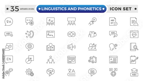 linguistics and phonetics outline icon set with language, phonetic, phonology, morphology, syntax, semantic, pragmatic, cognitive, grammar, and neural linguistics. Editable stroke outline icon.