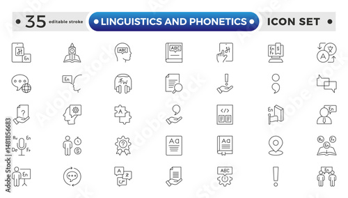 linguistics and phonetics outline icon set with language, phonetic, phonology, morphology, syntax, semantic, pragmatic, cognitive, grammar, and neural linguistics. Editable stroke outline icon.
