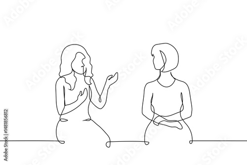 women talking sitting side by side and looking at each other - one line art vector. woman actively gesticulating, and her partner with a straight back turned her head
