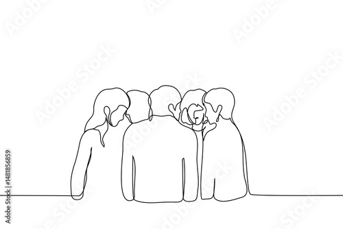 crowd of men and women standing in a tight circle chatting - one line art vector. concept of quiet secret conversation, elite conspiracy, conspiracy theorists, team strategy development