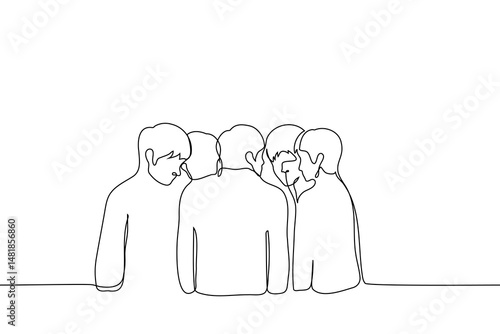 crowd of men standing in a tight circle chatting - one line art vector. concept of quiet secret conversation, elite conspiracy, conspiracy theorists