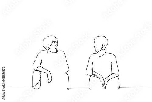 men sitting side by side and looking at each other - one line art vector. man sitting relaxed and other with straight back, they talking