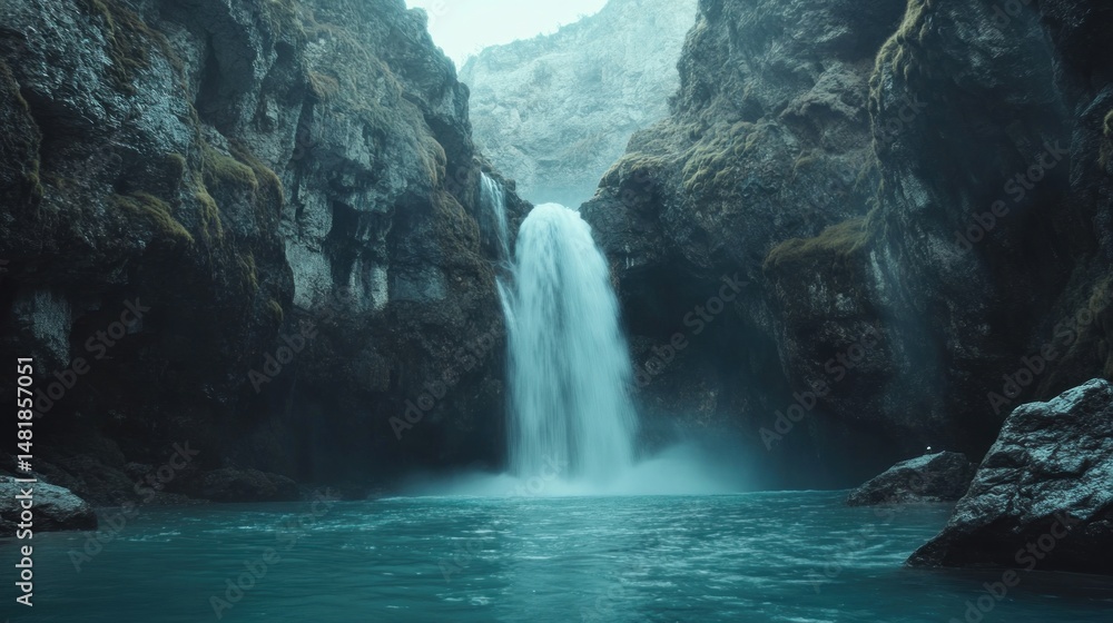 Naklejka premium Misty waterfall cascading into a tranquil pool, nestled within a dramatic gorge