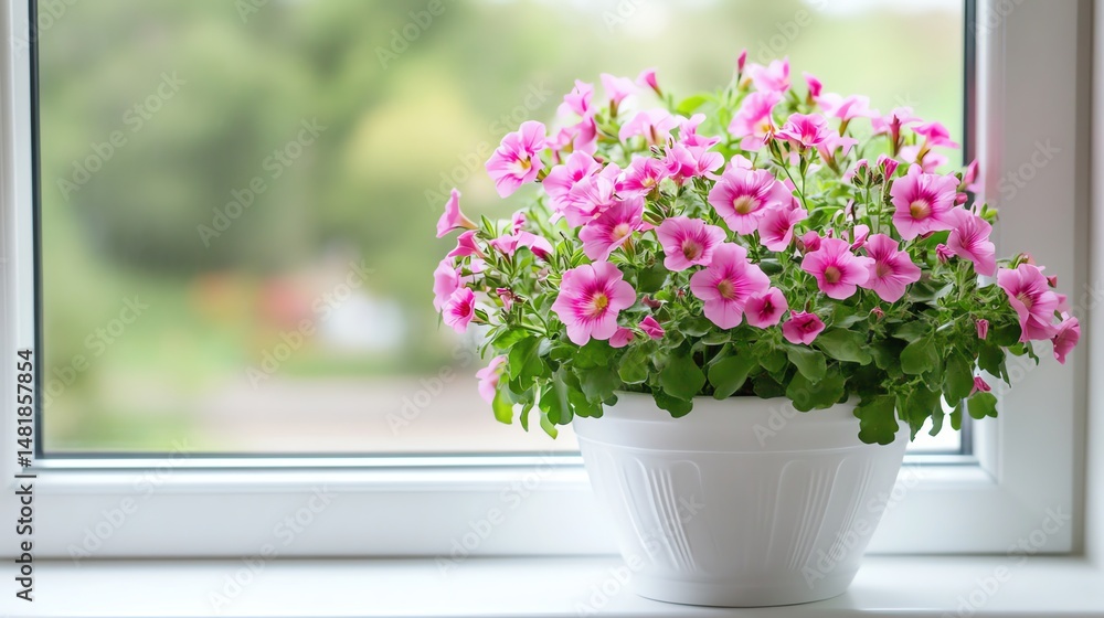 Obraz premium A vibrant pot of flowers sits on a white windowsill against a blurred background.
