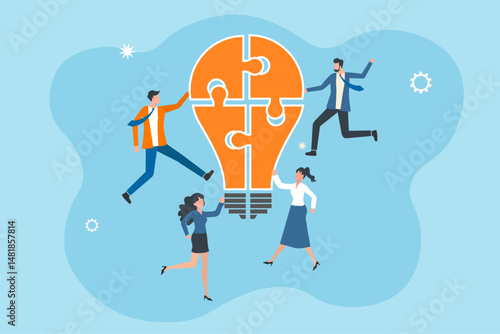 Collaborative brainstorming for business growth, team members combining diverse talents to tackle challenges, formulating strategic roadmaps together, uniting ideas to assemble a lightbulb puzzle