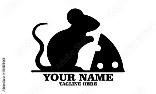 illustration vector black silhouette of a mouse and a piece of cheese, simple logo of mouse silhouette eating cheese and mouse and a piece of cheese vector logo design